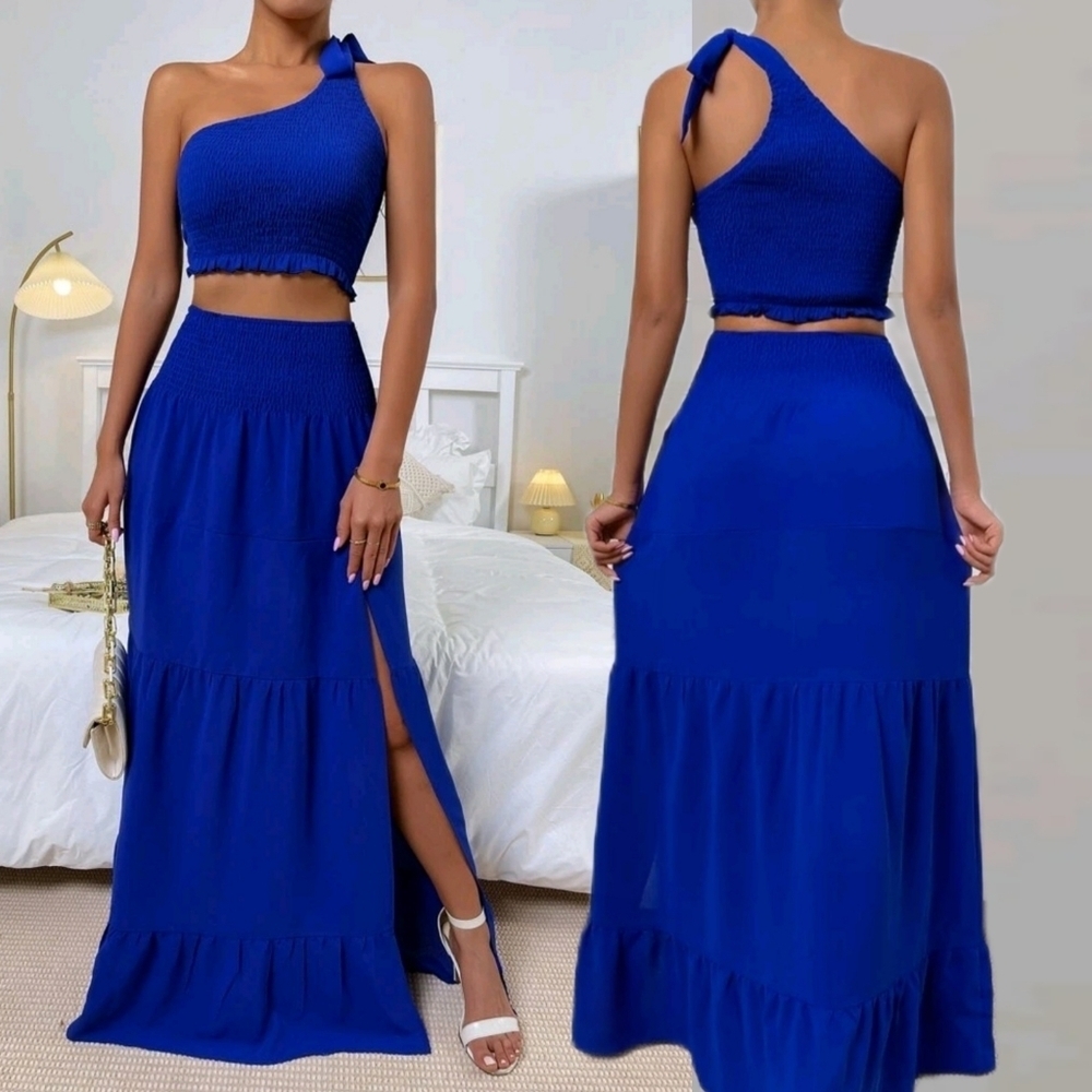 NWT One Shoulder Knot Side Shirred Crop Top & Split Thigh Skirt Set